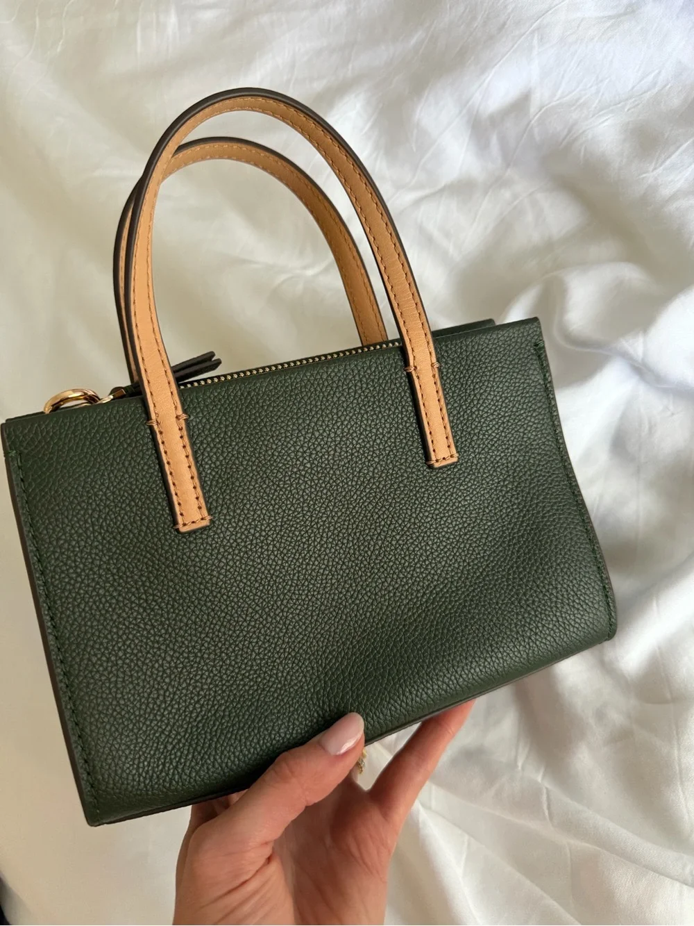 Tory Burch Green Leather Top-Handle Mini Bag with Tan Handles